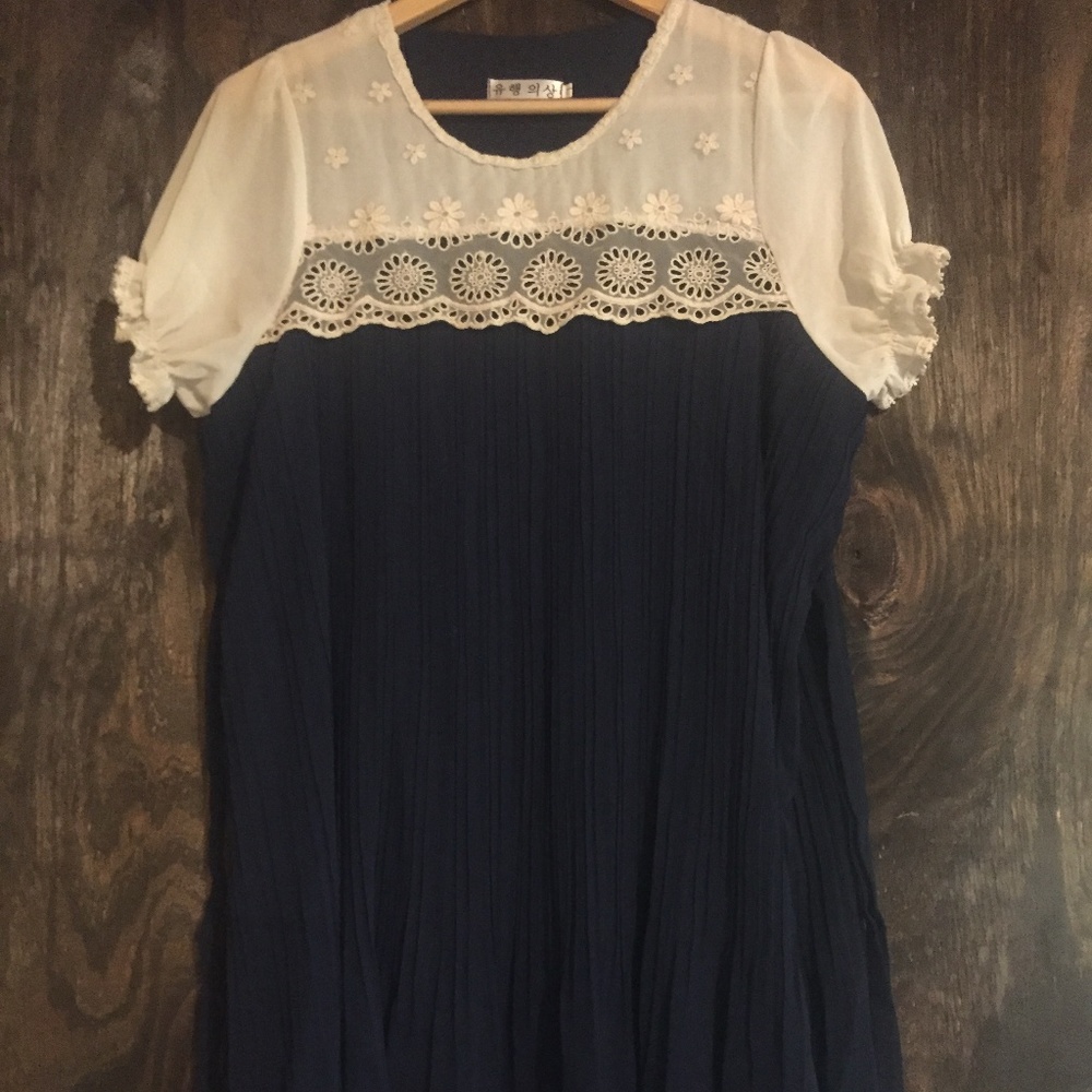 Navy Ivory Lace Pleated Tie Back Boutique Dress